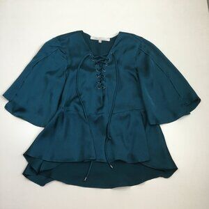 LOVERS & FRIENDS Revolve Emerald Green Satin Cut/Slit Short Sleeve Lace Up Shirt